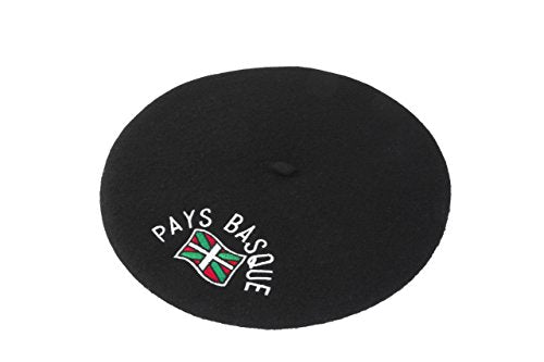 Béret Basque Noir Adulte Brodé Drapeaux Pays Basque