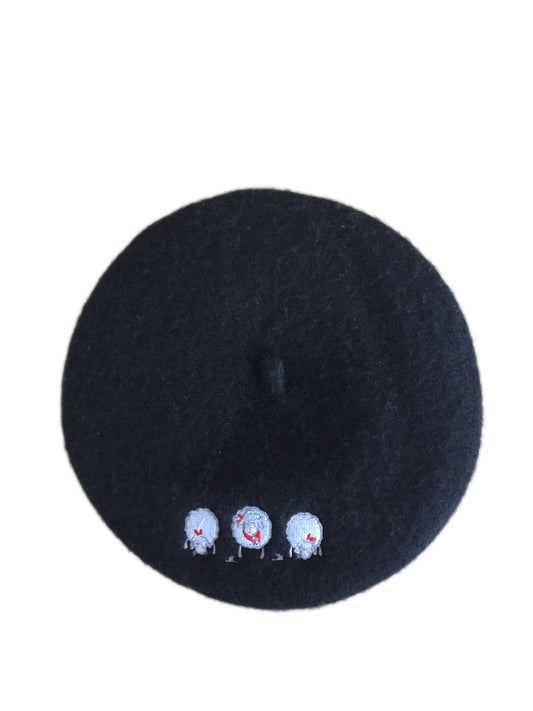 Béret Bébé Noir Brodé Mouton